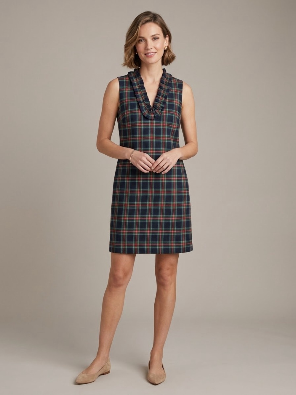Vineyard Vines Tartan Plaid Ruffle V-Neck Shift Dress Size 8 Wool Blend Holiday